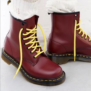 DR. Marten’s cherry red 1460 boots w/ yellow laces